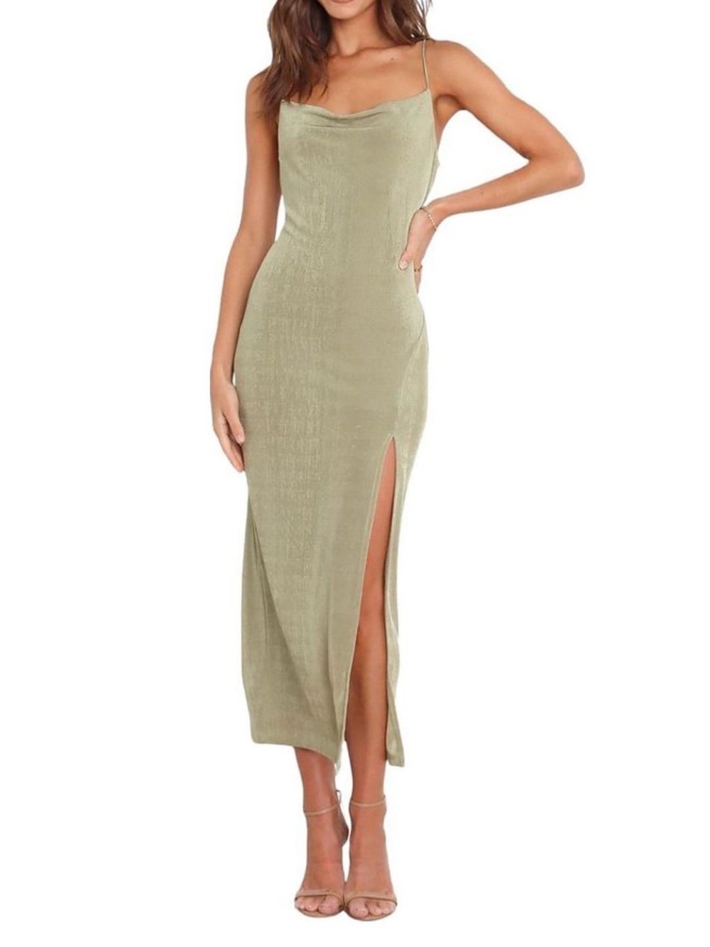 Satin Slip Midi Dress with Side Slit - Olive